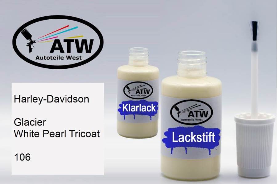 Harley-Davidson, Glacier White Pearl Tricoat, 106: 20ml Lackstift + 20ml Klarlack - Set, von ATW Autoteile West.